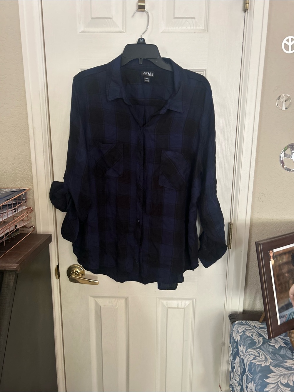 a.n.a Navy and Black Plaid Shirt long sleeve size XXL/P.
